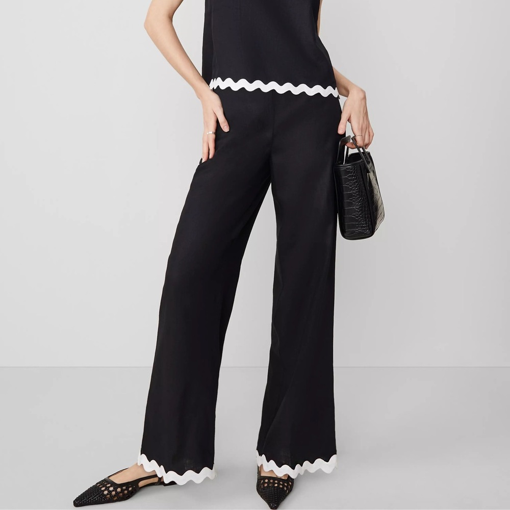 NWT Ann Taylor Linen Wide Leg Pants With Ricrac Scalloped Hem In Black Size 16P